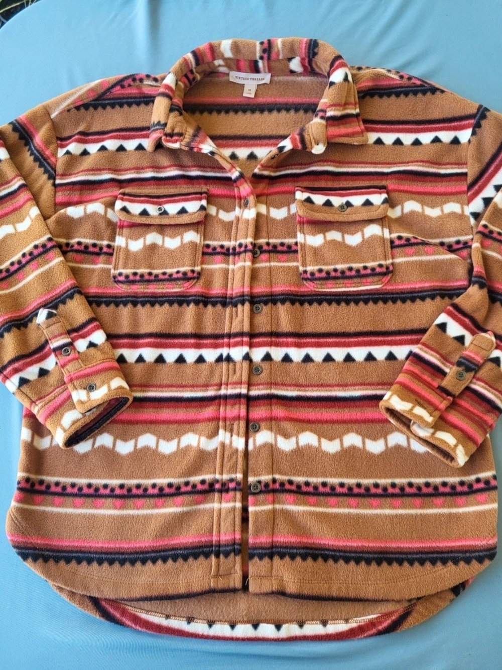 Button-Down Aztec Fleece Shirt Jacket in Tan with Multicolor Stripes